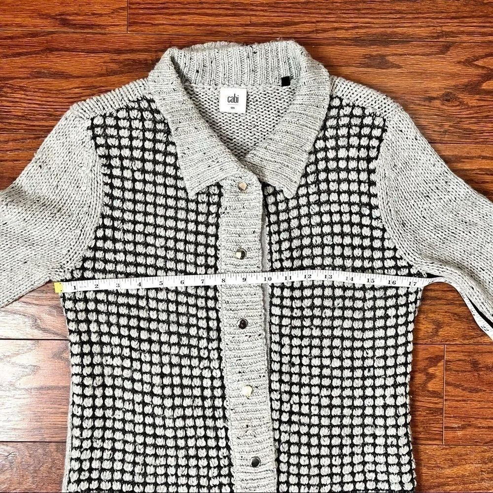 Cabi 3006 Gray Square Stich Window Pane Mock Neck Snap Cardigan Sweater Size S